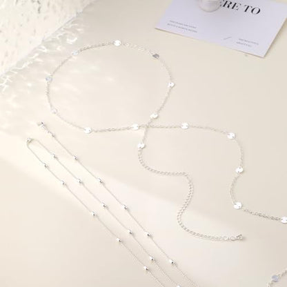 CAROVO Belly Waist Chain for Women 14K Gold Silver Plated Layered Body Chains Boho Cuban Figaro Pearl Heart Coin Satellite Bead Belly Chain Sexy Bikini Body Jewelry for Women Adjustable - style: B:Coin Bead SL