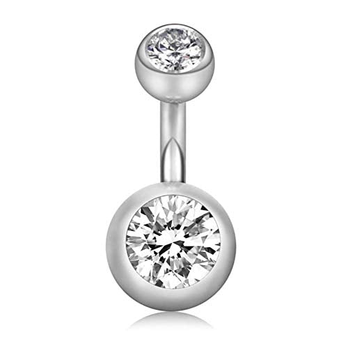 YHMM 14G 6mm Short Bar, 10mm Normal Bar Stainless Steel Belly Button Rings Round Cubic Zirconia Navel Barbell Stud Body Piercing - color: 6mm bar,2Pcs Silver