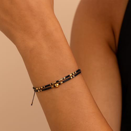 Adjustable Miyuki Beaded Bracelet for Women, Double Row Miyuki Beads | Miyuki beads, adjustable fit, braided construction, double-row design, party styling, bracelet jewelry for casual styling - color: black