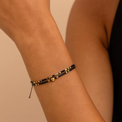 Adjustable Miyuki Beaded Bracelet for Women, Double Row Miyuki Beads | Miyuki beads, adjustable fit, braided construction, double-row design, party styling, bracelet jewelry for casual styling - color: black