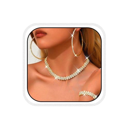 Black Jewelry Sets Rhinestone Necklace Hoop Earrings Bracelet Set Prom Formal Sparkly Costume Jewelry Sets for Women - color: Gold