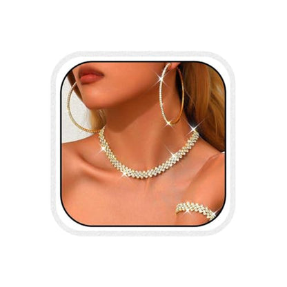 Black Jewelry Sets Rhinestone Necklace Hoop Earrings Bracelet Set Prom Formal Sparkly Costume Jewelry Sets for Women - color: Gold