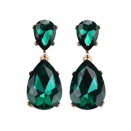 Green Earrings for Women, Emerald Green Teardrop Drop Estate Style Dangle Earrings with Rhinestone Crystal for Prom Wedding Fashion Events