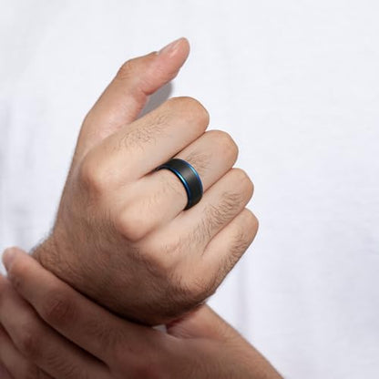King Will Mens Brushed Wedding Band, Two Tone Matte Step Edges/Pipe Cut, Tungsten Carbide Anniversary Promise Rings Comfort Fit - color: Black&Blue-10mm