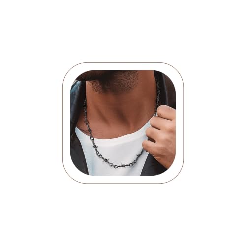 ChainsHouse Barbed Wire Necklace Punk Thorns Chain Necklace for Men Women, 5/6/7/9/12MM Wide Stainless Steel/Black Metal/Gold Plated Hiphop Rock Jewelry, 18-22 Inches - color: b.6mm-Black-Barbed Wire Chain, size: 22 Inches(men's average length)