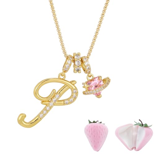 Initial Letter Necklace with Pink Heart Charm, Sparkling Zircon Alphabet Pendant in Gold or Silver Tone, Sweet Style Jewelry with Gift Box, Letter Chain for Daily Wear and Gift - color: Gold+Pink Box, size: #P