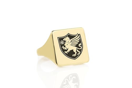 Engraved Griffin Signet Ring – Custom Heraldic Family Crest Jewelry – Unisex Hexagon Shaped Design