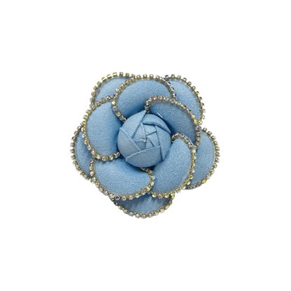 Dainty Crystal Camellia Flower Brooch Pin for Women Rhinestone Fabric 3D Floral Blossom Brooches Lapel Hair Pins Elegant Wedding Anniversary Dress Accessories Jewelry Gift 6.5cm/2.5in - color: Blue