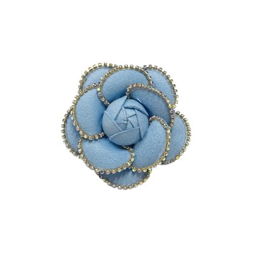 Dainty Crystal Camellia Flower Brooch Pin for Women Rhinestone Fabric 3D Floral Blossom Brooches Lapel Hair Pins Elegant Wedding Anniversary Dress Accessories Jewelry Gift 6.5cm/2.5in - color: Blue