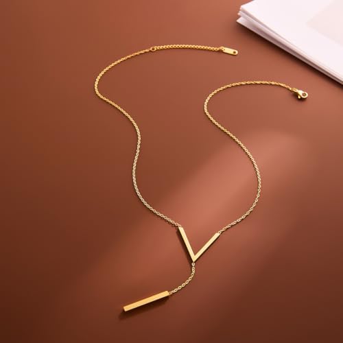 Simple Gold Bar Necklace for Women,Dainty Long Chain Lariat Necklaces Trendy Silver Statement Y Necklace,Charm Everyday Jewelry Accessories Gifts - color: Gold