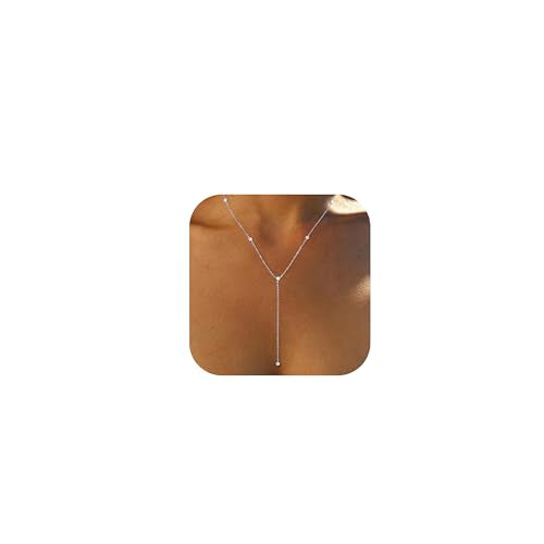 Lariat Necklace for Women, Dainty Long Necklaces, 14k Gold/Silver Plated Y-Shaped Drop Chain Necklace, Simple Layered Necklaces, Trendy Jewelry Gifts - style: Five CZ Y Necklace-Silver