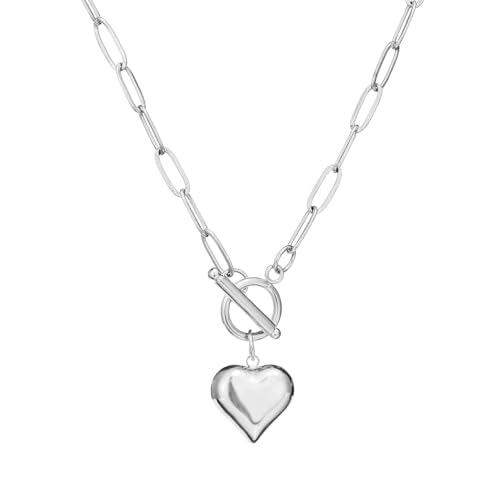 Stainless Steel Heart Paperclip Toggle Necklaces for Women - color: Silver Color, size: 20 inches
