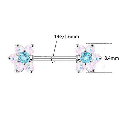 14G Opal Flower CZ Nipple Barbell Nipple Ring Piercing Jewelry for Women - color: silver blue