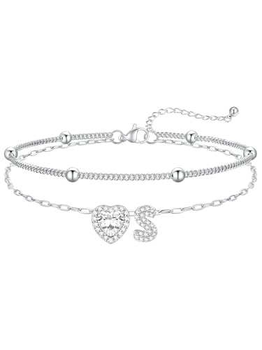FaithHeart Waterproof Initial Ankle Bracelets for Women, Initial Anklets with Heart CZ Stainless Steel Layered Letter A-Z Anklet No Tarnish Ankle Jewelry - color: Silver, size: Initial S