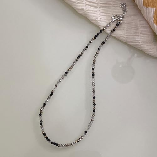 Dainty Colorful Crystal Beaded Chain Adjustable Lightweight Choker Necklace Handmade Bohemian Shiny 3mm Rice Stone Beads Necklace Boho Summer Beach Jewelry for Women - color: black