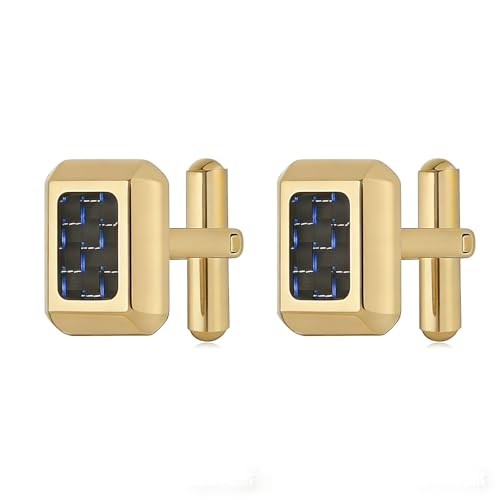 HZMAN Rectangle Carbon Fiber Cufflinks for Men, Stainless Steel High Polished Formal Cuff Links with Carbon Fiber Inlay, Dress Shirt Accessories for Wedding Business Party - style: Gold