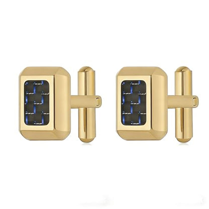HZMAN Rectangle Carbon Fiber Cufflinks for Men, Stainless Steel High Polished Formal Cuff Links with Carbon Fiber Inlay, Dress Shirt Accessories for Wedding Business Party - style: Gold