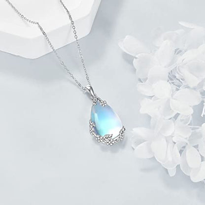 VONALA Sterling Silver Necklace Moss Agate/Turquoise/Larimar/Aquamarine/Opal/Black Onyx/Rose Quartz/Moonstone Pendant Teardrop Necklace Jewelry Gift for Women - style: Moonstone