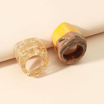 Resin Chunky Rings for Women Multicolor Acrylic Plastic Rings Set Cute Trendy Aesthetic Y2k Statement Rings Thick Dome Heart Knuckle Finger Jewelry - color: Yellow+champagne