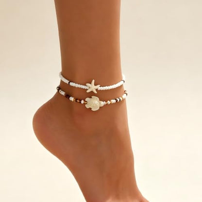 QWALIT 2pcs Boho Anklet Adjustable White Beads Bracelet Anklet for Women Waterproof non Tarnish Sea Turtle Starfish Pendant Beaded Anklets Stackable Plus Size Beach Jewelry Summer Vacation Accessories