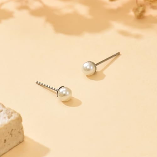 Pearl Stud Earrings for Women Gold/Silver Plated 3mm 4mm 5mm 6mm 8mm Pearl Earrings Dainty Hypoallergenic Earrings - color: White Gold, size: 4 Millimeters