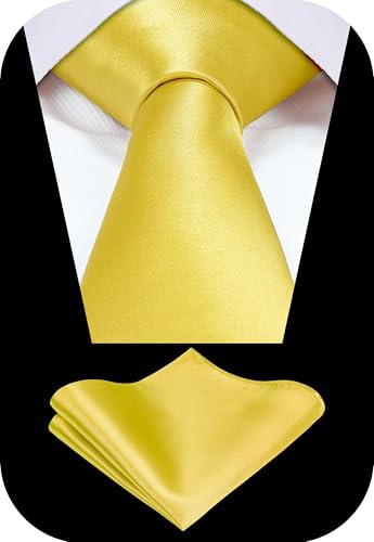 TIE G Solid Satin Woven dyed Color Formal Black Necktie and Pocket Square Sets in Gift Box - color: Mustard Yellow