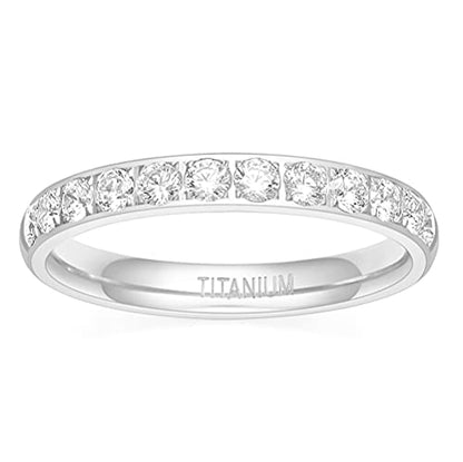 TIGRADE 3mm Women Titanium Engagement Ring Half Cubic Zirconia Eternity Wedding Band Size 3-13 - color: Silver
