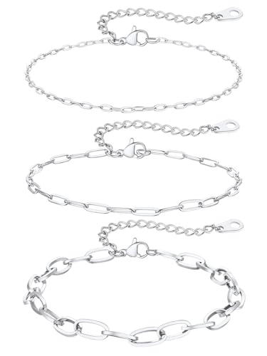 ChainsPro Stainless Steel Waterproof Anklet for Women, Adjustable Non Tarnish Layered Anklets, Trendy Dainty Cuban Link Ankle Bracelet Beach Jewelry Gifts for Swimming & Daily Wear (8.5+2 inches) - style: 3pcs-Style-A-Steel