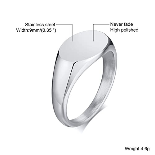 HIJONES Mens Stainless Steel Signet Ring Matte Brushed Square | Simple Statement ,Wedding Band,Polished Round - color: 9mm-Silver