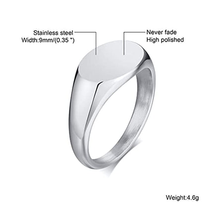 HIJONES Mens Stainless Steel Signet Ring Matte Brushed Square | Simple Statement ,Wedding Band,Polished Round - color: 9mm-Silver