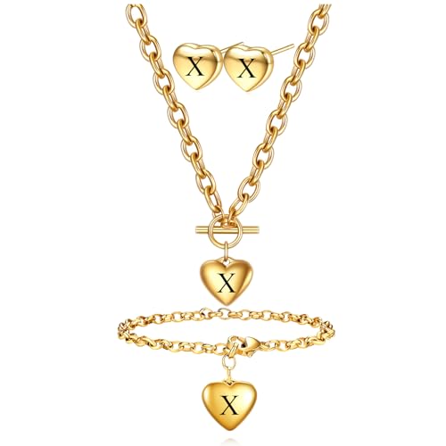 Women's 3 Pieces Heart Name Initial Necklace, Bracelet, Earrings, Jewelry Set Stainless Steel A-Z letters Jewelry Suits - color: Gold, size: X