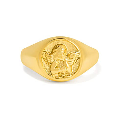 Gold Chunky Signet Stackable Pinky Ring for Women Men, Guardian Angel Cherub, Tarnish-Resistant 18K Gold Plated Stainless Steel Size 3 4 5 6 7 8 9 10 11 - color: Gold