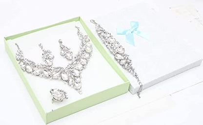 Jewelry Set for Women, Statement Necklace Dangle Earrings Bracelet Ring, White/KC Gold Plated Jewelry Set with Rhinestone Pearl Crystal Wedding Party Jewelry for Bridal Bridesmaid - color: White-Platinum Plated