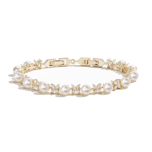 EVER FAITH Cubic Zirconia Pearl Bridal Prom Tennis Bracelet for Women | Elegant Pear CZ Wedding Jewelry Gift, for Bride Bridesmaid - style: Marquise_Gold-Plated-Brass