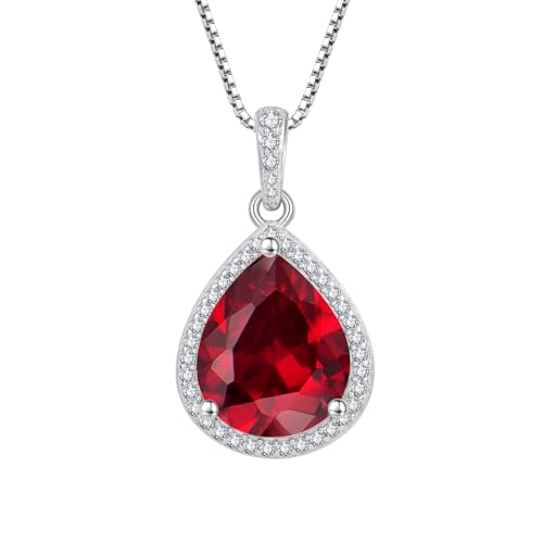 FJ Teardrop Pendant Necklace 925 Sterling Silver Birthstone Jewelry for Women - color: 07 July-Ruby