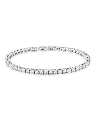 CZ Birthstone Tennis Bracelet for Women - 3/4mm 18K Gold Plated 5A+ Cubic Zirconia Gemstone Jewelry - 7.1" Wedding Party for Brides Bridesmaid - color: White Gold Clear CZ, size: 3mm