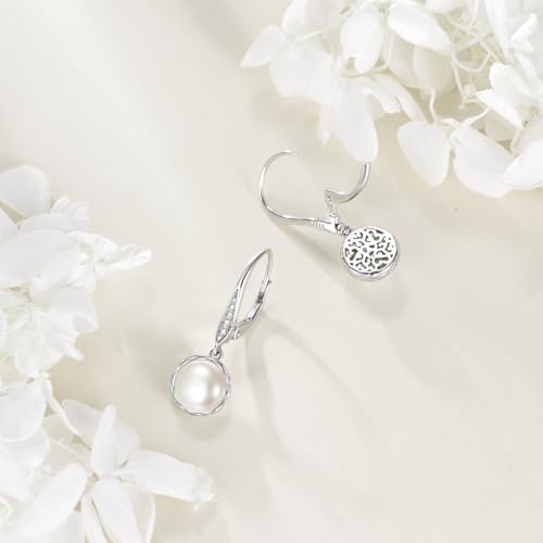 925 Sterling Silver 8mm Pearl Dangle Drop Earrings Moonstone Larimar Opal Rose Quartz Black Pearl Leverback Earrings for Women Christmas Gifts for Her - style: Pearl Earrings