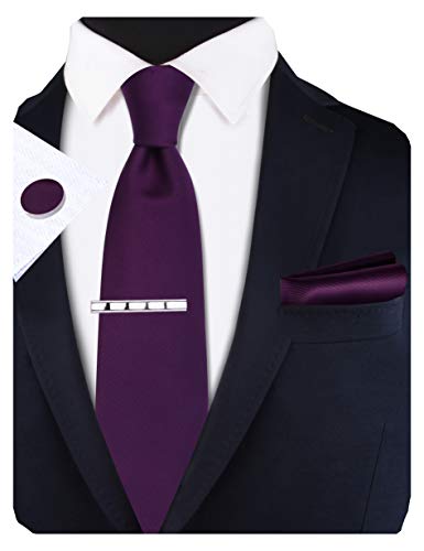 GUSLESON New 3.15"（8cm） Solid Color Necktie and Pocket Square Cufflinks Clip Set - color: Purple