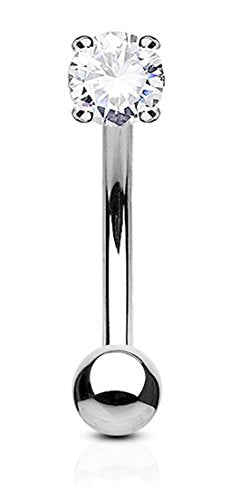 Forbidden Body Jewelry 16g 8mm Surgical Steel Curved Barbell w/Solitaire CZ for Daith, Eyebrow & Rook Piercings - color: Steel/Clear