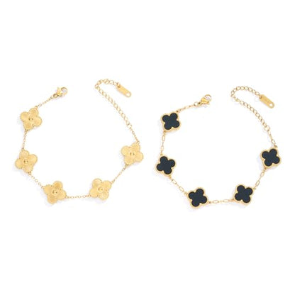 Waterproof Four-Leaf Clover Bracelet,Adjustable Link Double Sided Jewelry, Lovely Fashion Jewelry Gift for Women - color: Gold Bracelet +Black Bracelet