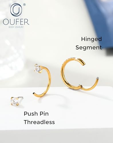 OUFER 2PCS Nose Rings Hoops, 20g Double Gem Horseshoe Threadless Nose Rings for Women, Septum Clicker Daith Tragus Helix Rook Eyebrow Lip Piercing Jewelry - color: Gold