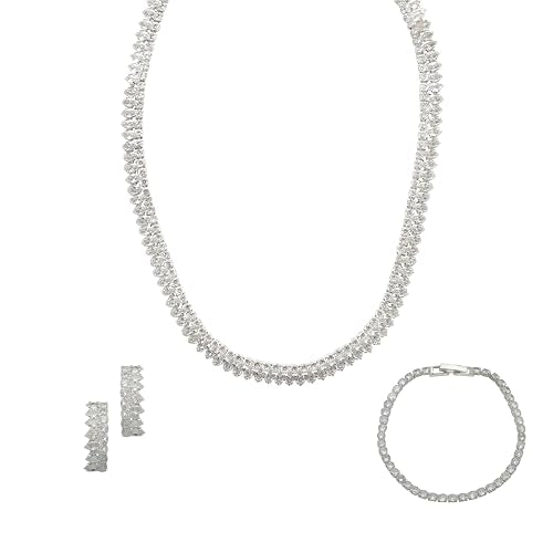 Bride Jewelry Set Silver Crystal Wedding Necklace Earrings Bracelet Set - Bridal Rhinestone Brass Pendant Accessories for Women and Bridesmaids - style: Jewelry Set 03
