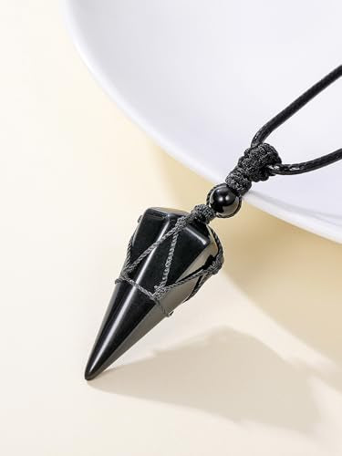 Top Plaza Mens Necklace, Crystal Gemstone Protection Pendant Necklace | Healing Crystals Necklace for Men Adjustable 6 Facet Pointed Necklace Energy Natural Quartz Protect Jewelry Gifts - color: Black Rope - Tiger Eye Stone+Black Obsidian