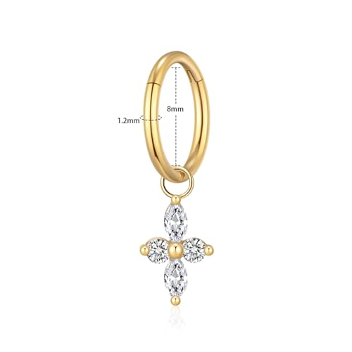 Ourania 16G Gold Stainless Steel Zircon Dangle Huggie Hoop Rook Piercing Helix Hoop Earring Tragus Hoop Cartilage Piercing for Women - color: Flower Gold 2PCS, size: 1.2*8mm 2pcs