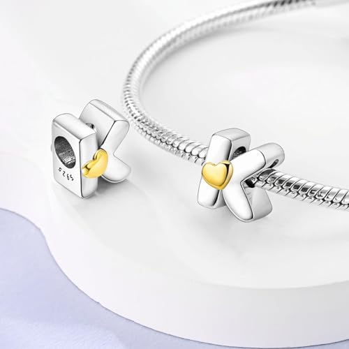 Two-Tone Gold Heart S925 Silver Letter Charm Fits Pandora Bracelet Necklace | Initial Bead Two-Tone Gold Heart, DIY European Bracelet Accessory, Gift for Ladies Birthday Anniversary Valentine - style: K