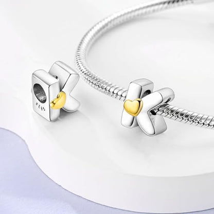 Two-Tone Gold Heart S925 Silver Letter Charm Fits Pandora Bracelet Necklace | Initial Bead Two-Tone Gold Heart, DIY European Bracelet Accessory, Gift for Ladies Birthday Anniversary Valentine - style: K