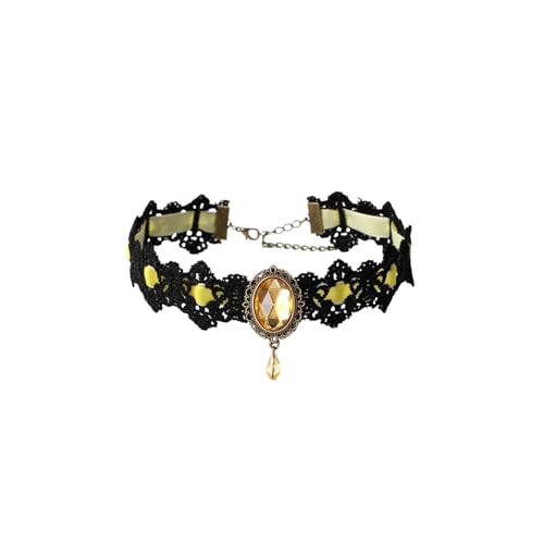 Atiptu Gothic Lace Choker Necklace for Women Black Lace Choker Necklace Vintage Red Crystal Pendant Necklaces Vampire Necklaces Halloween Costume Accessories - color: Yellow