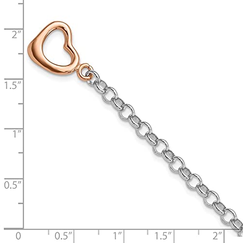 Diamond2Deal Sterling Silver Rhodium-plated Rose-tone Rolo Chain with Heart Bracelet 7.75"