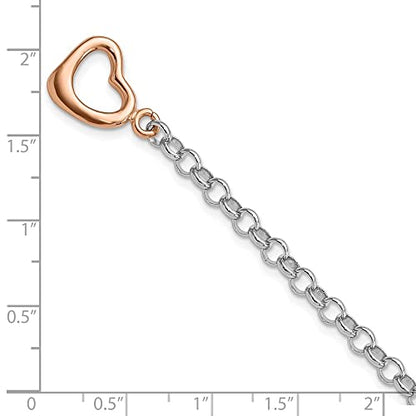 Diamond2Deal Sterling Silver Rhodium-plated Rose-tone Rolo Chain with Heart Bracelet 7.75"