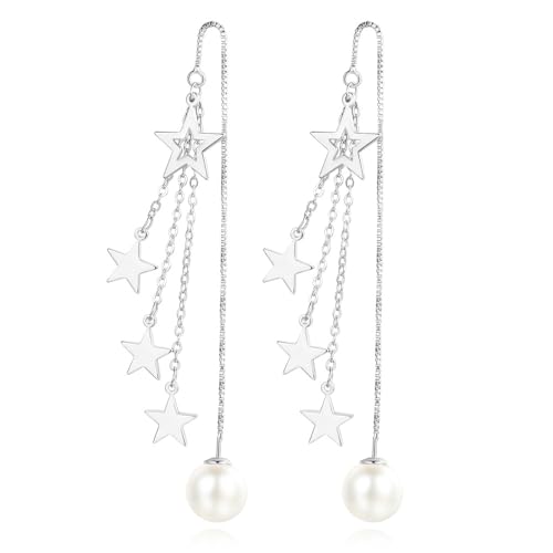 925 Sterling Silver Dangle Earrings with Charms Heart, Water drop, Moon, Star Long Drop Earring for Women Jewelry Gifts Hypoallergenic - color: star pearl-white